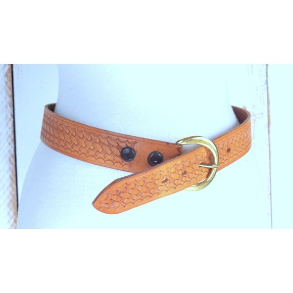 90s vintage thick tan light brown tooled embossed leather belt - Picture 3 of 5